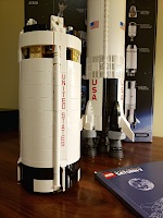 After 9 bags of Lego pieces, the second stage of the Saturn V rocket is almost complete