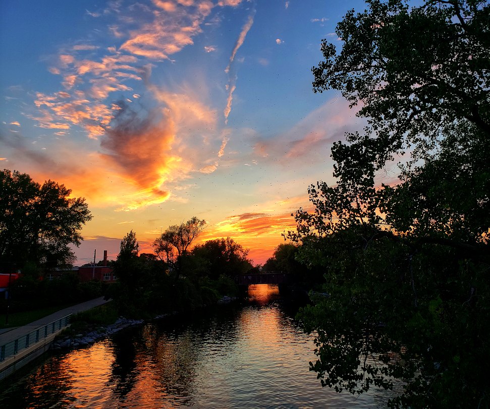 Orange colored clouds and a dark blue sky reflected in a river lined with silhouettes of trees