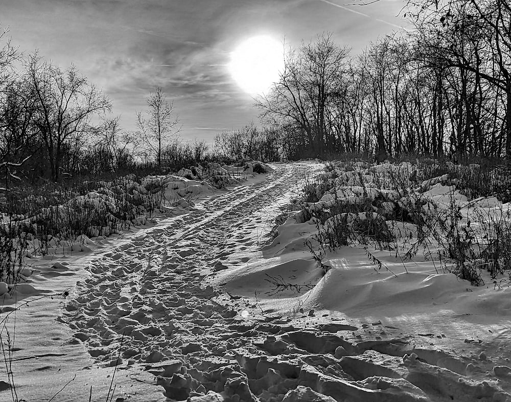 Winding hiking trail leading up a snow covered hill. The sun shines down from the middle of the sky.